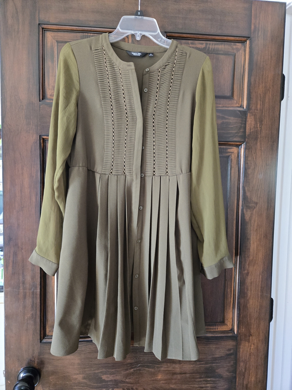 Vera Wang Olive Green Long Sleeve Pleated Tunic Dress